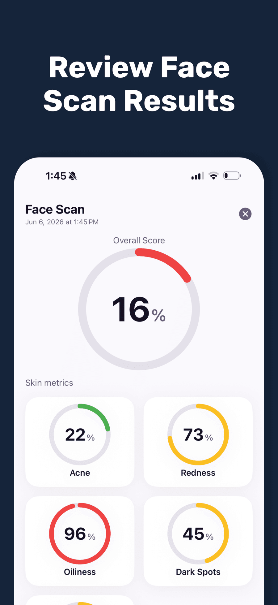 Pimpl face scan results with skin metrics